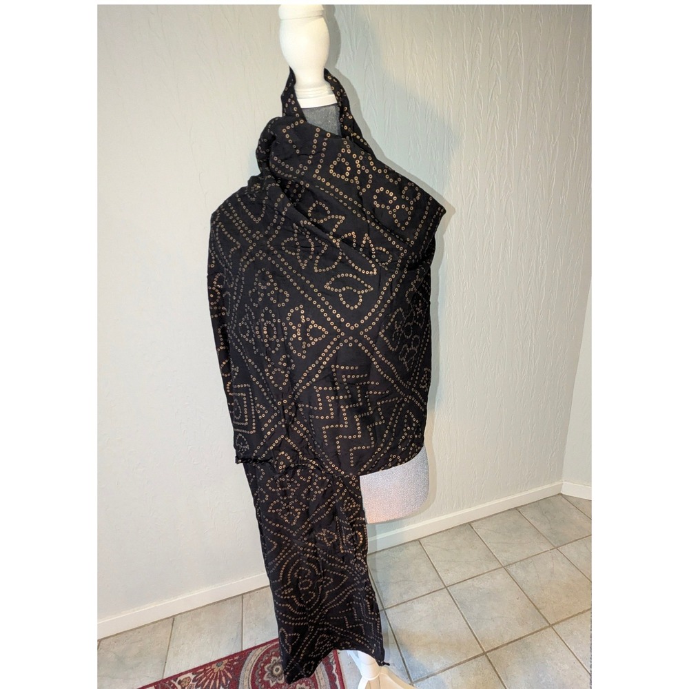 Black Gold Bandhani Geometric Scarf Wrap Ethnic Boho 44x25 Cotton Blend Light - Picture 2 of 10